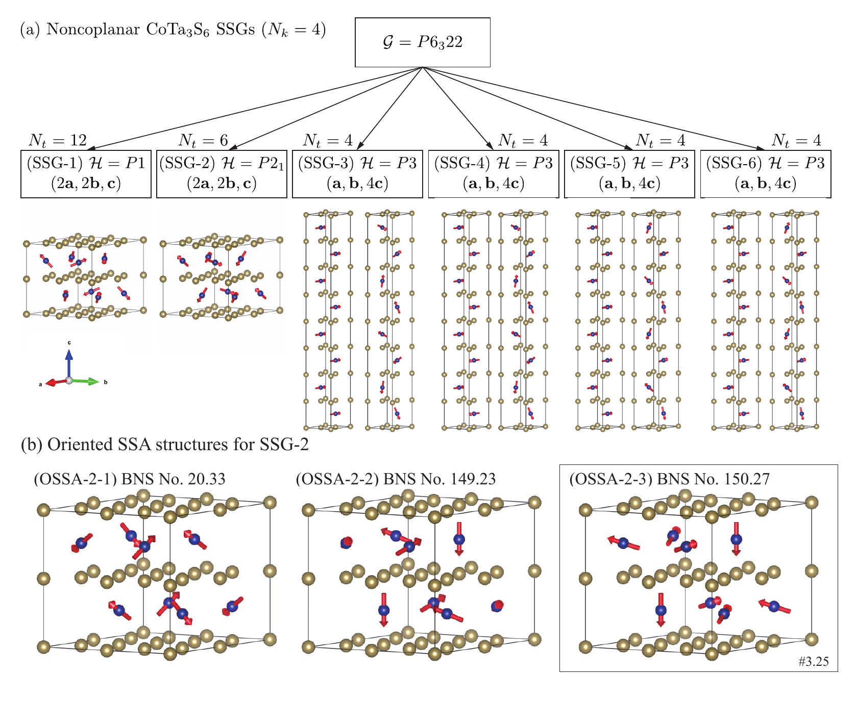 Noncoplanar CoTa₃S₆ spin-space-group and oriented-structure schematic